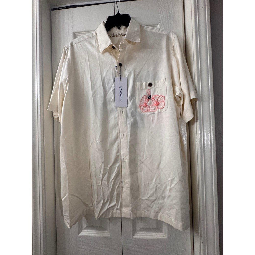 Caribbean Mens Cream Embroidered Beach Tiki Bar Short Sleeve Button Down Shirt L